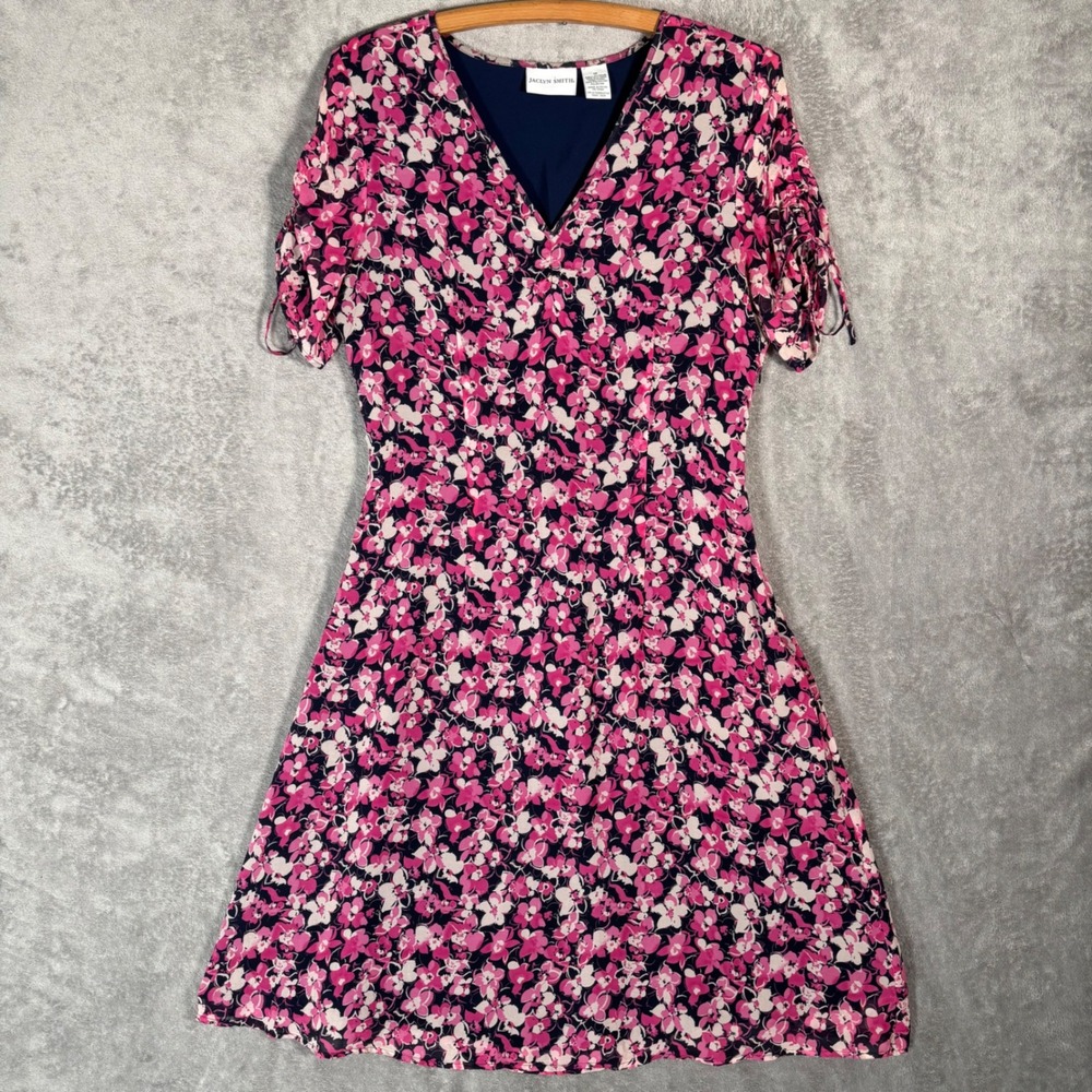 Jaclyn Smith Pink Floral 100% Silk Babydoll Midi‎ Dress 12 Short Sleeve Ruched